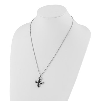 Stainless Steel Polished Black Carbon Fiber Inlay Fleur de Lis Necklace — alternate view