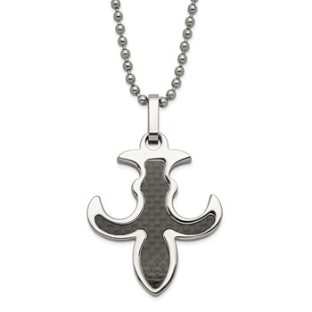 Stainless Steel Polished Black Carbon Fiber Inlay Fleur de Lis Necklace