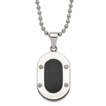 Stainless Steel Polished Black Carbon Fiber Inlay Oval Necklace