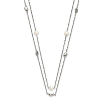 Stainless Steel Polished 2 Strand Freshwater Cultured Pearls & CZ w/ 2in ext. Necklace — alternate view
