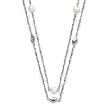 Stainless Steel Polished 2 Strand Freshwater Cultured Pearls & CZ w/ 2in ext. Necklace