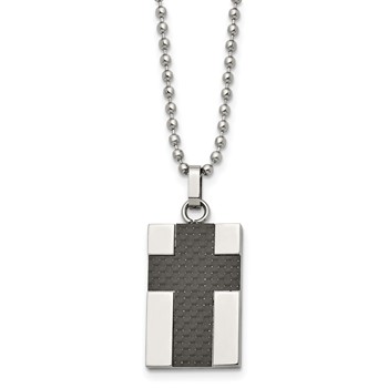 Chisel Stainless Steel Polished Carbon Fiber Inlay Cross Pendant on a 22 inch Ball Chain Necklace