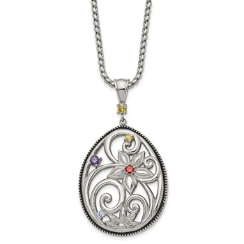 Stainless Steel Antiqued and Polished Multicolor CZ w/1.75in ext Necklace