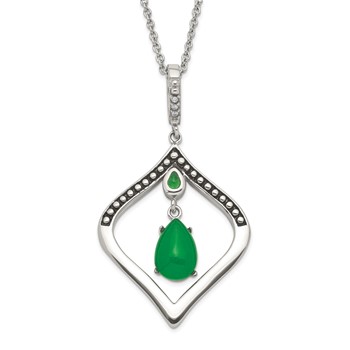 Stainless Steel Polished & Antiqued Synthetic Dyed Jade & CZ w/2in ext. Necklace