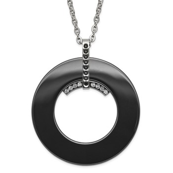 Stainless Steel Polished Black Ceramic Black & Clear CZ Circle Necklace