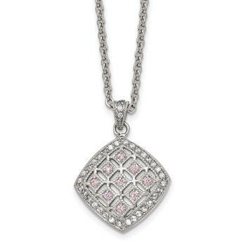 Chisel Stainless Steel Polished Clear and Pink CZ Square Pendant on a 18 inch Cable Chain Necklace