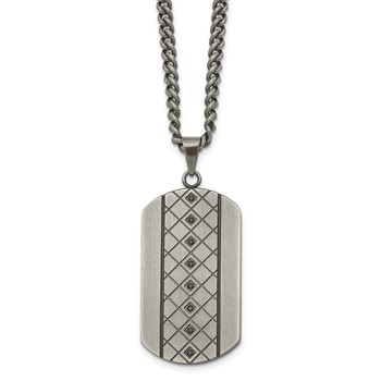 Chisel Stainless Steel Brushed and Textured with Black CZ Dog Tag on a 22 inch Curb Chain Necklace