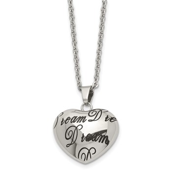 Stainless Steel Polished Enameled DREAM Hollow Heart 18in Necklace