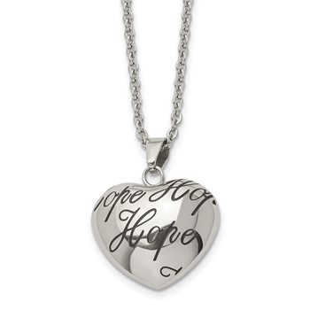 Chisel Stainless Steel Polished and Enameled HOPE Hollow Heart Pendant on an 18 inch Cable Chain Necklace
