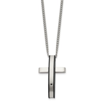 Chisel Stainless Steel Polished Black IP-plated .01 carat Diamond Cross Pendant on a 24 inch  Curb Chain Necklace — alternate view
