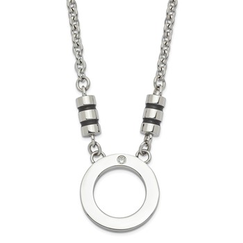 Stainless Steel Polished Black Enamel CZ Circle Necklace