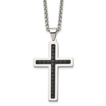 Chisel Stainless Steel Polished and Textured Black Leather Inlay Cross Pendant on a 20 inch Rolo Chain Necklace