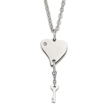 Stainless Steel Polished Heart with CZ and Key Dangle Necklace