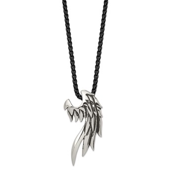 Chisel Stainless Steel Antiqued and Polished Wing Slide on a Black IP-plated 20 inch Box Chain Necklace