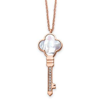 Chisel Stainless Steel Polished Rose IP-plated CZ and Mother of Pearl Key Pendant on a 16 inch Cable Chain with a 2 inch Extension Necklace