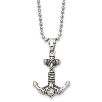 Chisel Stainless Steel Antiqued and Polished with CZ Anchor with Rope Pendant on a 20 inch Ball Chain Necklace