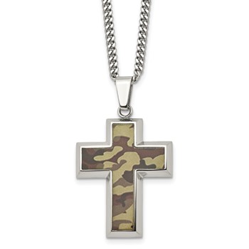 Chisel Stainless Steel Polished Printed Brown Camo Under Rubber Cross Pendant on a 22 inch Curb Chain Necklace