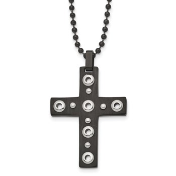 Stainless Steel Brushed and Polished Black IP-plated Cross 22in Necklace