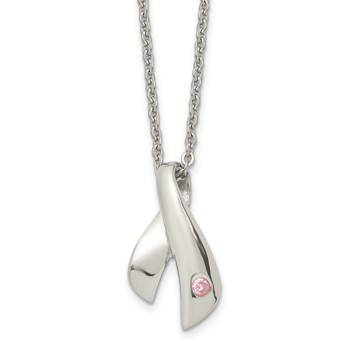 Stainless Steel Polished w/Pink Awareness CZ 20in Necklace