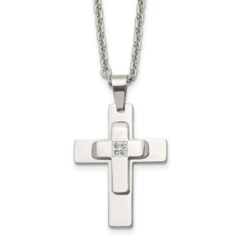 Chisel Stainless Steel Polished with CZ Cross Pendant on a 22 inch Cable Chain Necklace