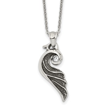 Stainless Steel Antiqued and Polished w/Crystal Wing 18in Necklace