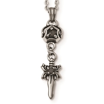 Stainless Steel Antiqued & Polished w/ Black CZ Sword Necklace — alternate view