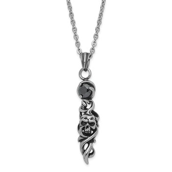 Stainless Steel Antiqued and Polished Black CZ Skull Necklace