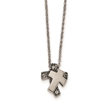 Stainless Steel Antiqued and Polished w/ Crystals Cross Necklace