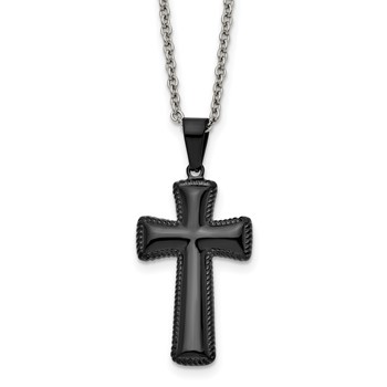 Chisel Stainless Steel Polished Black IP-plated Medium Pillow Cross Pendant on an 18 inch Cable Chain Necklace