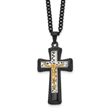 "Chisel Stainless Steel Polished Black IP-plated, Gold-plated and Silver-Plated Brass Crucifix on a 24 inch Curb Chain Necklace"
