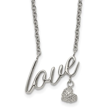 Stainless Steel Polished and Textured LOVE 16.5in w/4in ext Necklace