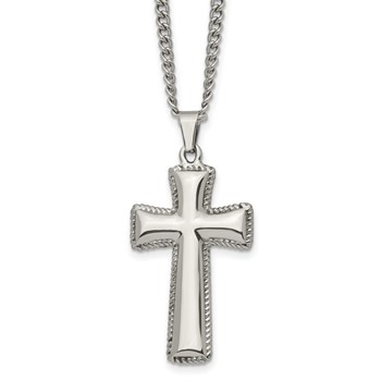 Chisel Stainless Steel Polished Pillow Cross Pendnat on a 24 inch Curb Chain Necklace