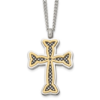Chisel Stainless Steel Polished Black and Yellow IP-plated Cross 24in Necklace