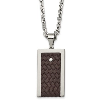 Stainless Steel Brushed & Polished Reversible w/Brown Leather Necklace