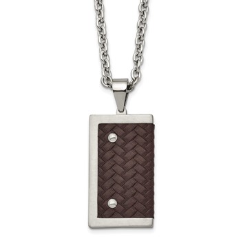 Stainless Steel Brushed & Polished Reversible w/Brown Leather Necklace