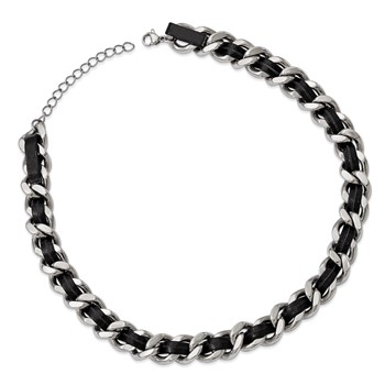 Stainless Steel Polished Black Leather Curb w/2in ext Choker Necklace — alternate view
