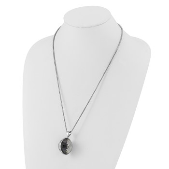 Stainless Steel Polished Grey & Clear Glass Round Pendant Necklace — alternate view