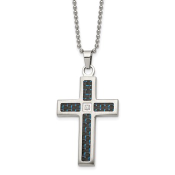 Chisel Stainless Steel Brushedand Polished Black and Blue Carbon Fiber Inlay with CZ Cross Pendant on a 22 inch Ball Chain Necklace