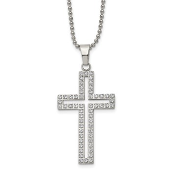 Chisel Stainless Steel Polished with CZ CutoutCross Pendant on a 22 inch Ball Chain Necklace