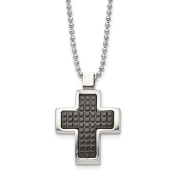 Chisel Stainless Steel Brushed Polished and Textured Black IP-plated Cross Pendant on a 22 inch Ball Chain Necklace