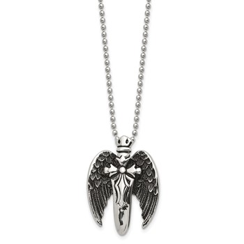 Chisel Stainless Steel Antiqued Brushed and Polished Winged Sword Pendant on a 22 inch Ball Chain Necklace — alternate view