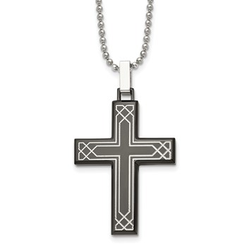 Chisel Stainless Steel Polished Laser Etched Black IP-plated Cross Pendant on a 24 inch Ball Chain Necklace