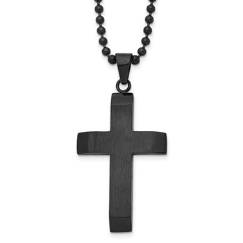Chisel Stainless Steel Brushed and Polished Black IP-plated Cross Pendant on a 24 inch Ball Chain Necklace
