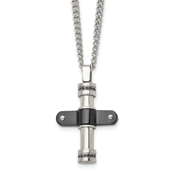Stainless Steel Polished Black IP-plated w/Black CZ Cross 22in Necklace