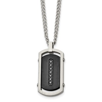 Chisel Stainless Steel Brushed and Polished Black IP-plated Center with Black CZ Dog Tag on a 22 inch Curb Chain Necklace