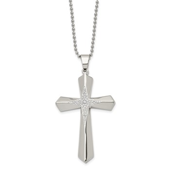 Chisel Stainless Steel Polished with CZ Cross Pendant on a 24.5 inch Ball Chain Necklace