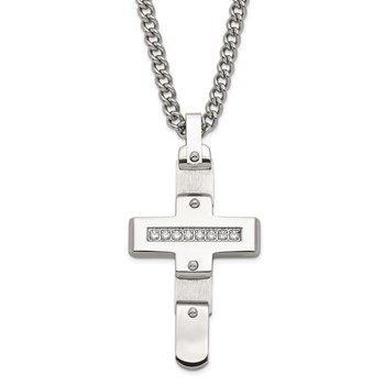 Stainless Steel Polished & Brushed CZ Moveable Cross Necklace