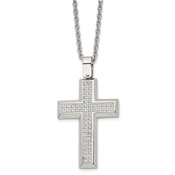 Chisel Stainless Steel Polished CZ Cross Pendant on a 24 inch Cable Chain Necklace