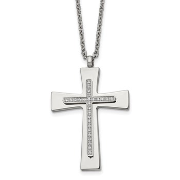 Stainless Steel Polished w/CZ Cross 22in Necklace