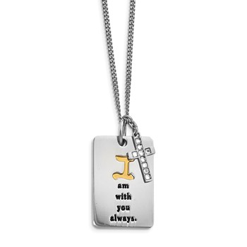 Stainless Steel Polished Yellow IP w/ CZ I AM WITH YOU Cross Necklace
